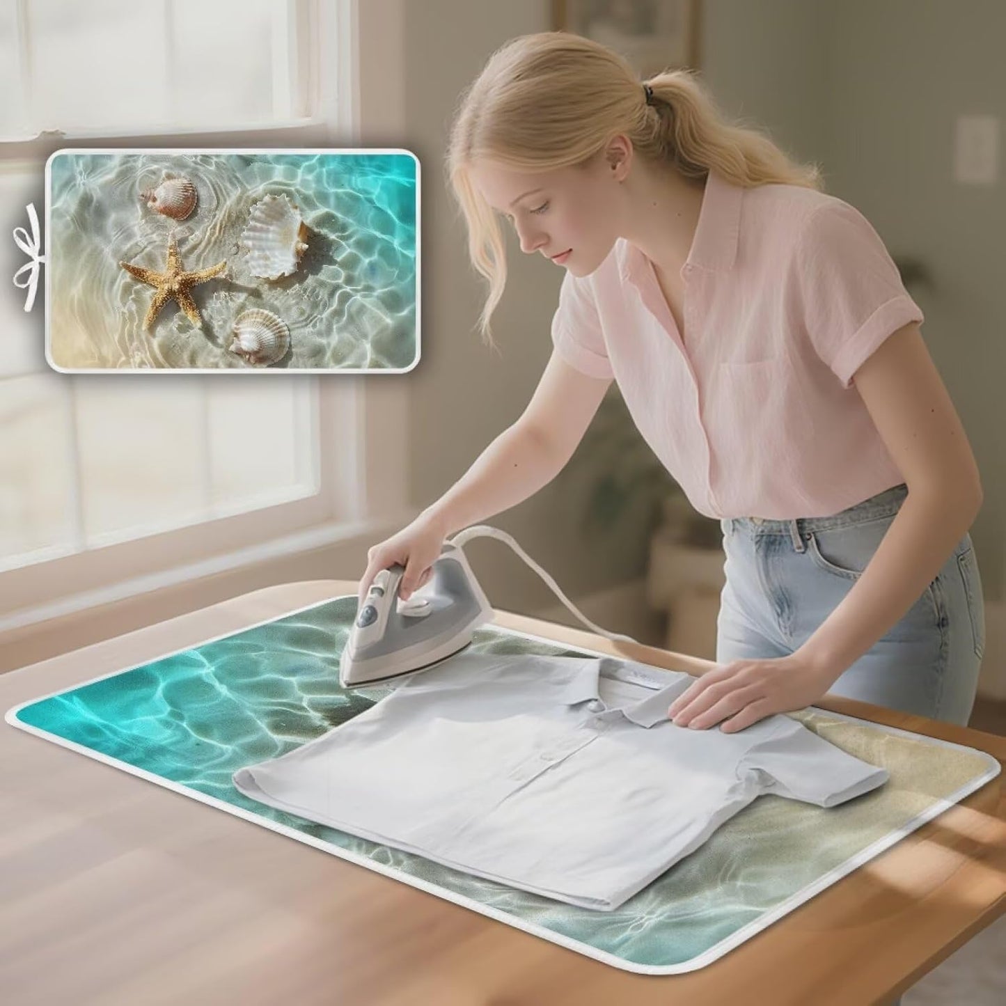 Ironing Mat Thickened Beach Starfish Ironing Blanket Travel Portable Ironing Pad Travel Isolate Heat Pad Cover for Washer Dryer Table Top Countertop 32 x 16 Inch