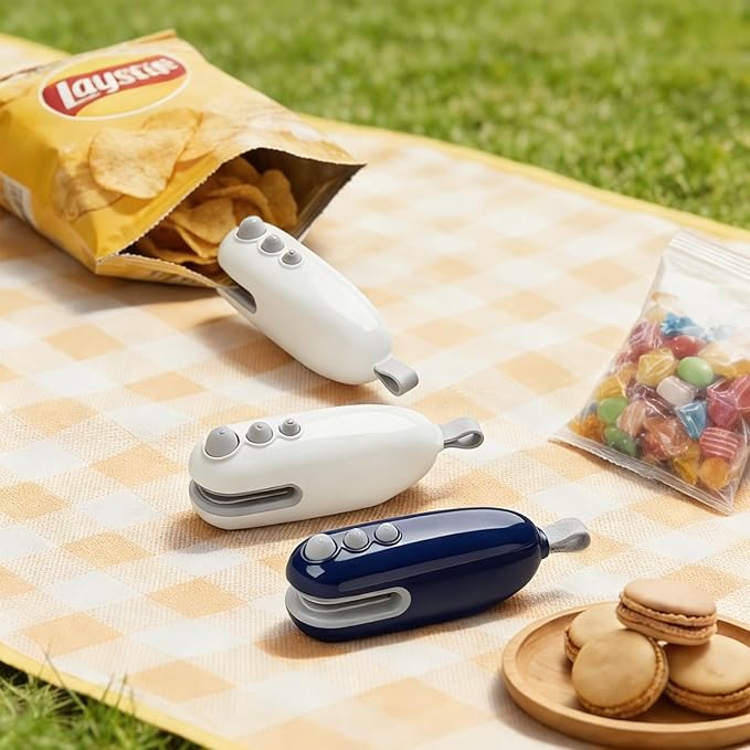 2Pcs Mini Bag Sealer 2 in 1Heat Sealer with Cutter and Magnet Portable handheld Rechargeable Food Bag Sealer Plastic Bag Sealing Machine for Snacks, Chips& Food Storage (white+blue)