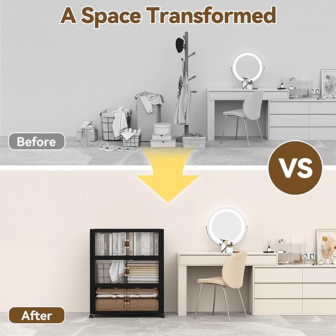 SAILUN 495QT Stackable Storage Bins with Lid, Collapsible Storage Bins With Doors and Wheels, Folding Plastic Cabinet Containers for Home Kitchen Closet Organization, 3 Pack