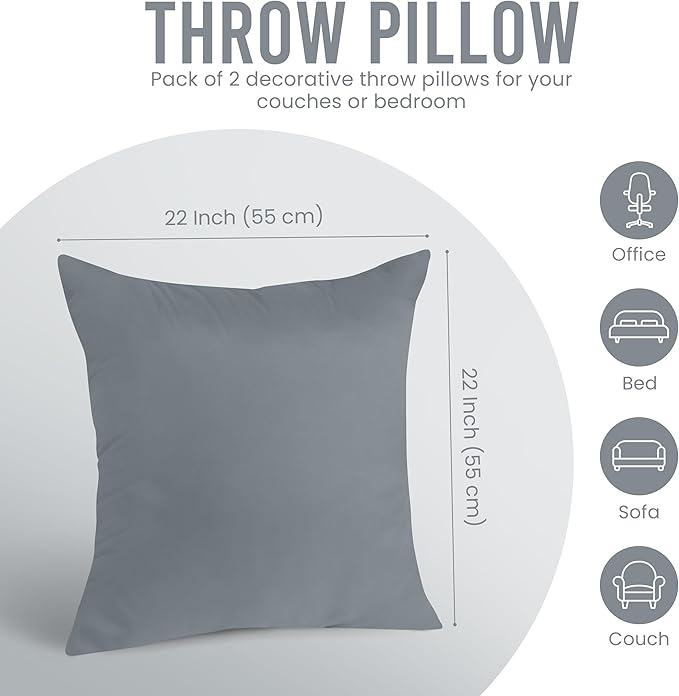 Utopia Bedding 22x22 Pillow Inserts, Set of 2, Grey – Indoor Decorative Throw Pillows for Bed, Sofa & Couch – Soft, Supportive & Fluffy Cushion Inserts