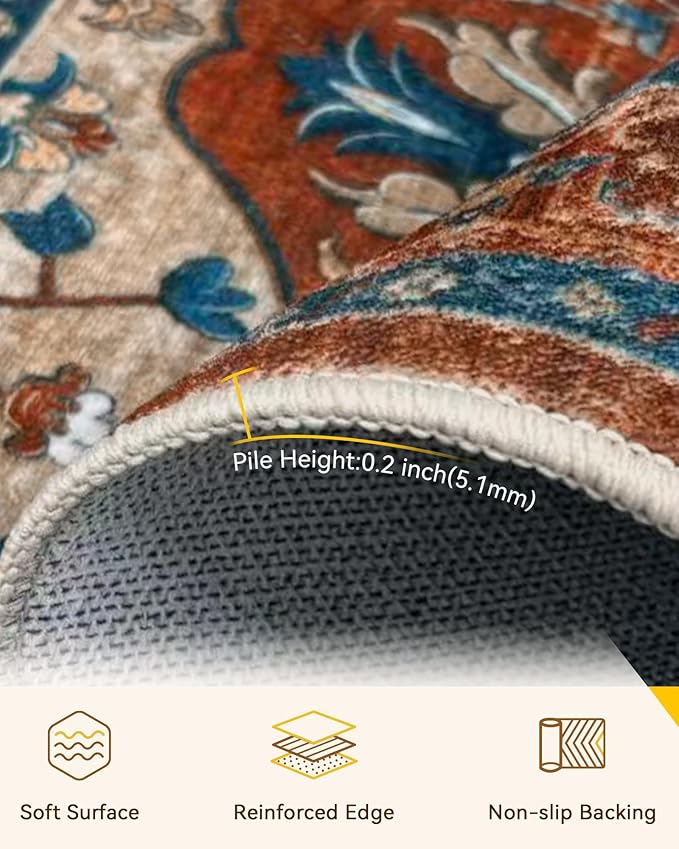 RELEANY Area Rugs 6'x9' Washable Non-Slip, Floral Vintage Distress Print Pattern Medallion Carpet for Living Room Bedroom Dining Room, Red Orange Blue Brown