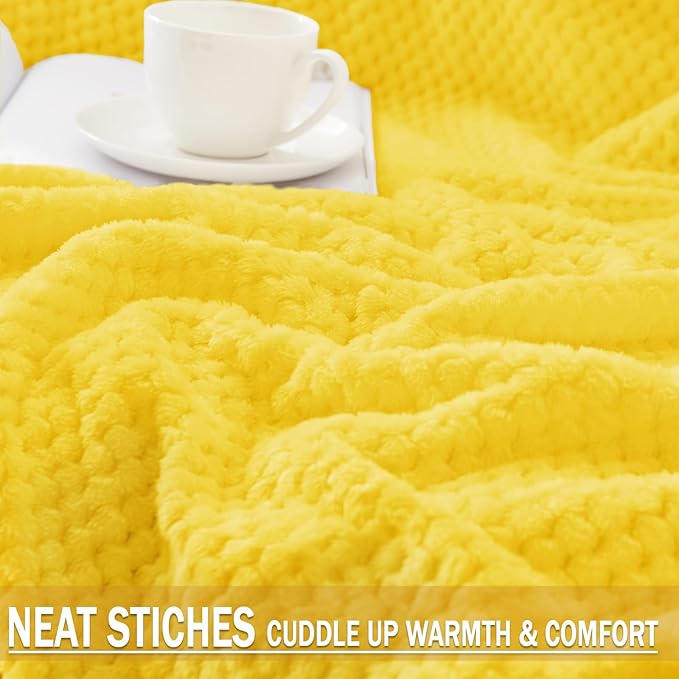 Exclusivo Mezcla Fleece Bed Blanket Twin Size, Super Soft and Warm Blankets for Couch, Sofa and Bed Waffle Textured, Cozy, Fuzzy and Lightweight (Vibrant Yellow, 90x66 Inches)