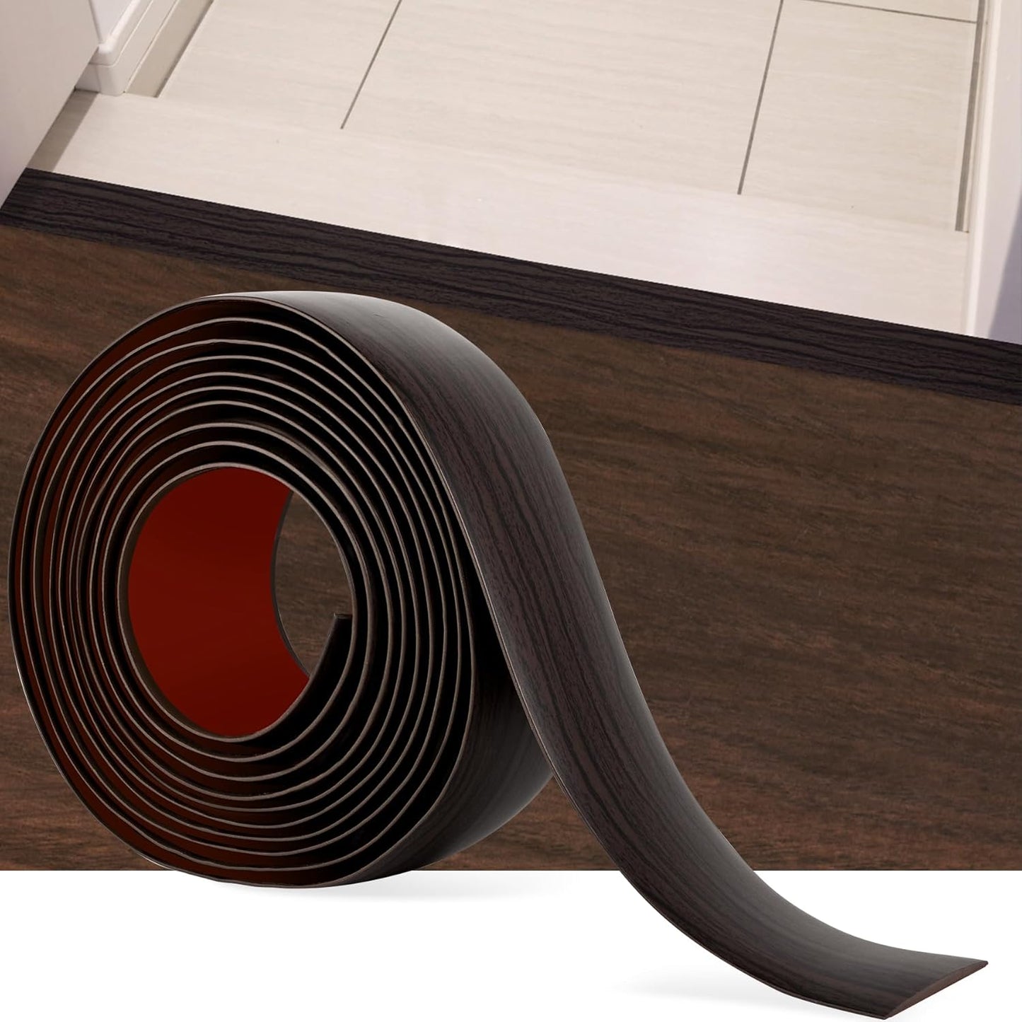 5Ft Floor Transition Strip Self Adhesive Vinyl Cover Floor Strip Flat Divider Transition Strip Wood Grain Design for Laminate Floor Gaps and Doorway Transitions (5Ft x 2 Inch, Brown)