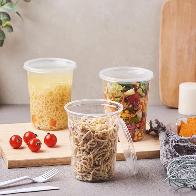 [150 Sets - 32 oz. Plastic Deli Food Storage Soup Togo Containers With Airtight Lids Clear Disposable Takeout Quart Container