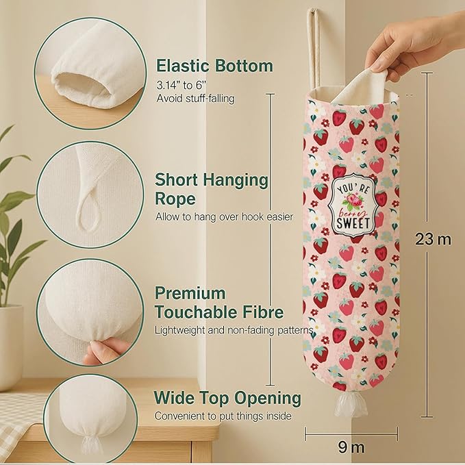 Plastic Bag Holder, Pink Strawberry Plastic Bag Holder, Bags Holders for Plastics Bags Groceries Store, Reusable Trash Sack Storage Dispenser, Kitchen Gifts For Women Family Friends