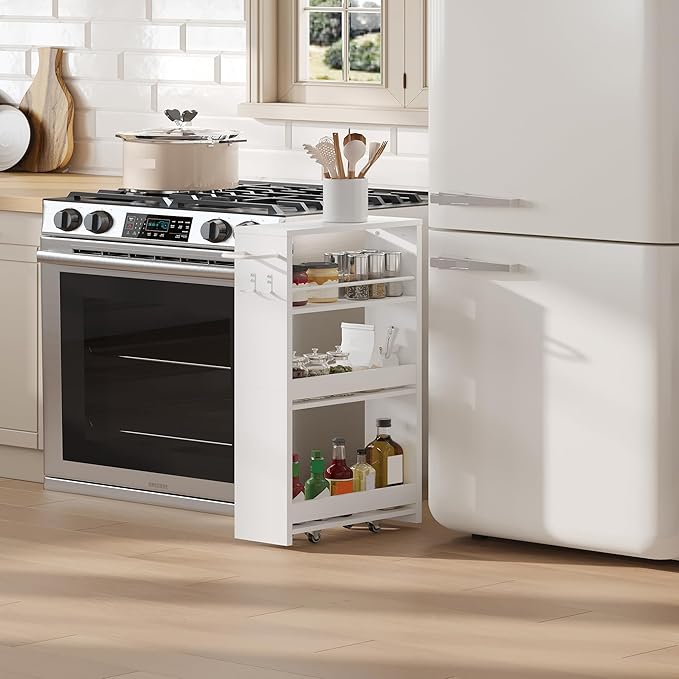 ChooChoo 4-Tier Slim Storage Cart with Handle, 5.51" W Rolling Utility Cart on Universal Wheels, Kitchen Cart Mobile Shelving Organization for Laundry Room, Bathroom & Narrow Places, White