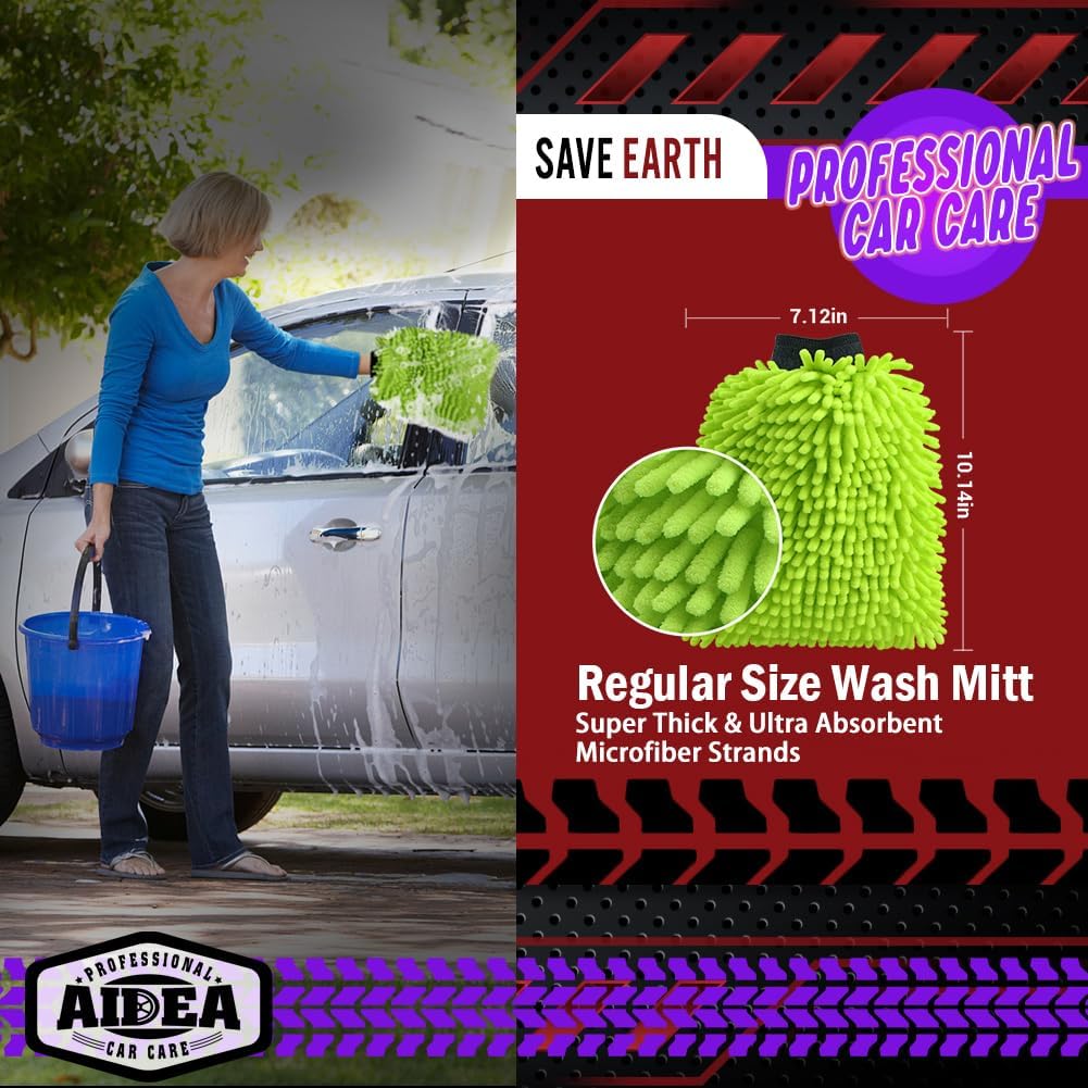 AIDEA Car Wash Mitt Microfiber, 1PK-Scratch-Free& Lint-Free, Premium Chenille Microfiber Mitt Car Wash Brush-Green Regular Size (7.12''X10.14'')