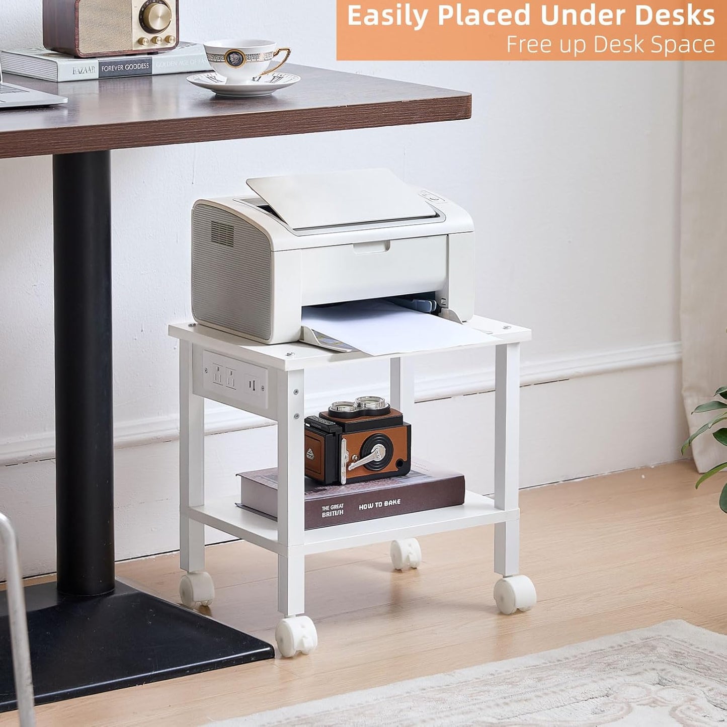 Lerliuo Under Desk Printer Stand with Charging Station, 2 Tier Wooden Small Printer Table with Storage, Rolling Printer Cart Shelf with Lockable Wheels for Home, Office (White)