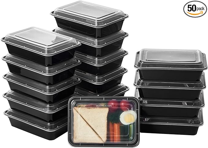 FULING 32 oz 50Pack Plastic Meal Prep Food Storage Containers with Lids Reusable 1 Compartment To Go Lunch Box Black Extra Large &Thick Microwave Freezer Dishwasher Safe BPA Free Stackable