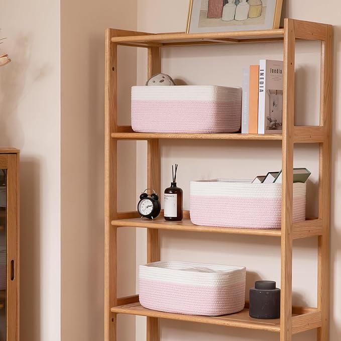 OIASKET Storage Baskets for Organizing 3 Pack, Woven Baskets for Shelves, Closet Organizer Bins Empty Gift Basket Toy Storage for Toys, Books, Towels, Clothes, 15"x11.42"x6.7", Pink