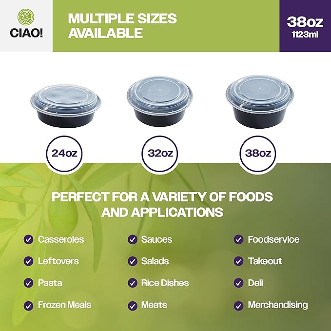 CIAO! Heavy Weight 38oz Injection Molded Microwavable Black Round Food Container with Lid (150/case)