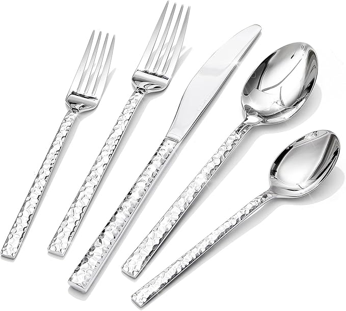 KINGSTONE 40 Piece Hammered Silverware Set, 18/10 Stainless Steel Flatware Set for 8, Cutlery Set for Home, Party, Wedding, Mirror Polished Dishwasher Safe