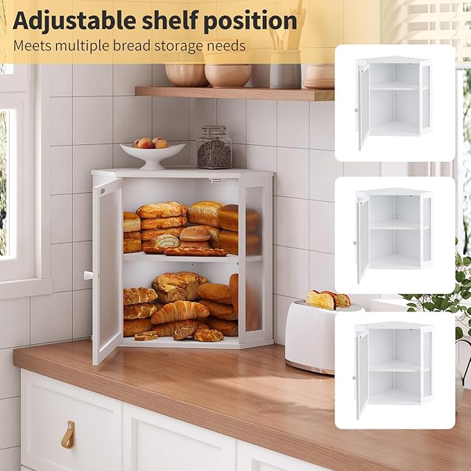 Corner Bread Box for Kitchen Countertop,Bread Storage for Homemade Bread, Double Layer Large Bamboo Kitchen Storage Bin with Window (White, Large)