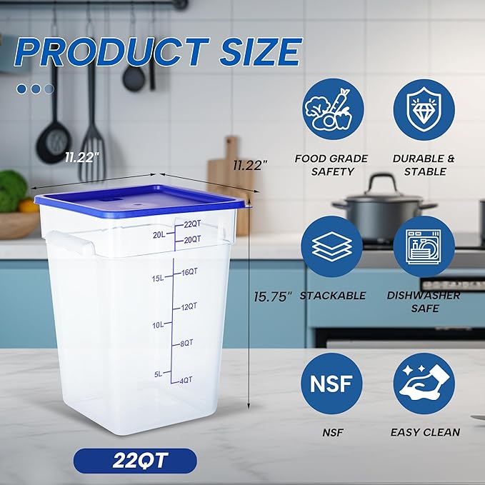4 Pack 22 Quart Food Storage Containers with Lids, Polycarbonate Square Commercial Food Containers, NSF, Clear, New Version