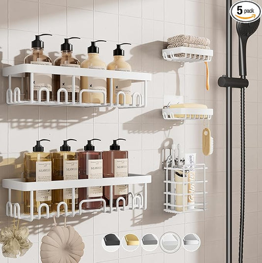 Veken Adhesive Shower Caddy 5-Pack,Heavy Weight Bearing,Large Wall Mounted Shower Shelves Rack,Organizer Storage Accessories with Soap Dish&Toothbrush Holder,Ideal for Bathroom,Home&Kitchen,White