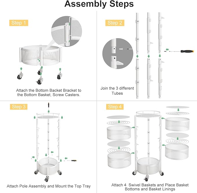 SNTD Fruit and Vegetable Basket Bowls for Kitchen with Metal Top Lid, 5 Tier Rotating Storage Rack Cart for Potato Onion Banana, Wire Basket Organizer on Wheels, Large (White)