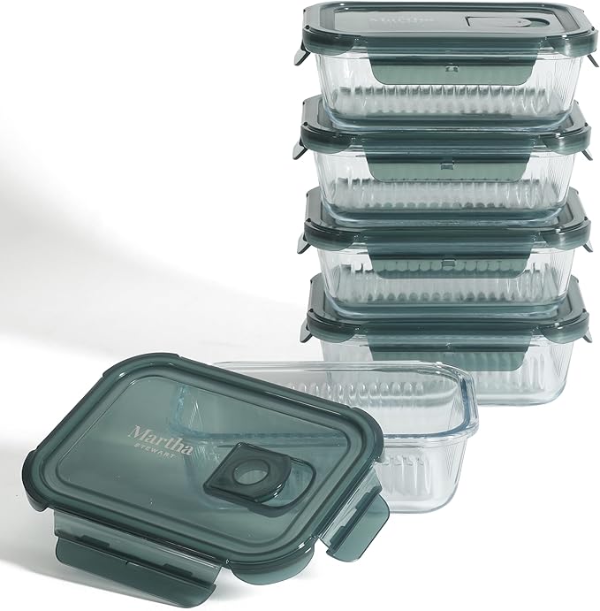Martha Stewart Shadowbrook 5-Piece Borosilicate Glass Storage Container Set – Airtight Locking Lids, 21.6 oz Meal Prep, Leftover & Lunch Containers, Microwave, Oven & Dishwasher Safe