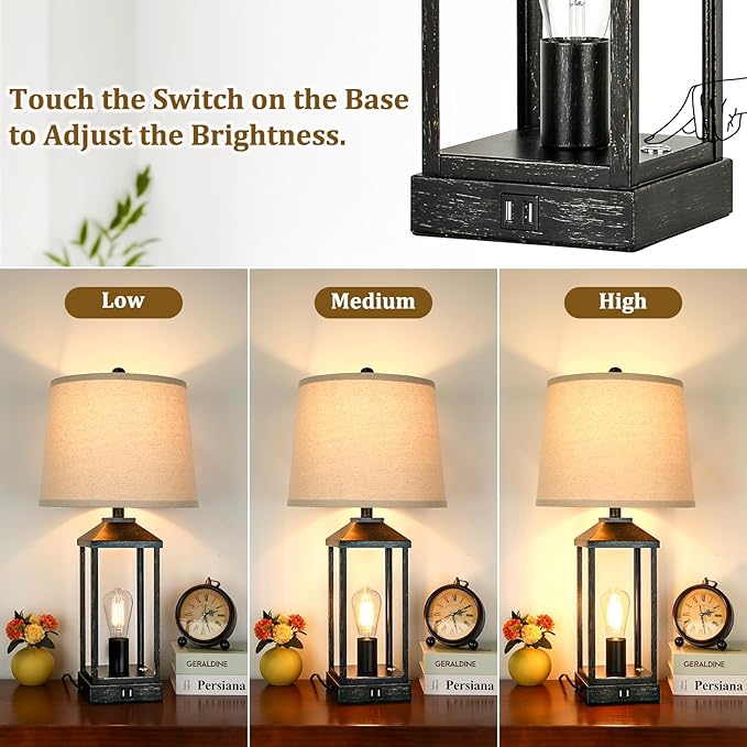 28" Black Farmhouse Bedside Table Lamp for Living Room, 3-Way Dimmable Touch Control Modern Nightstand Lamp with 2 Light, Rustic Desk Lamp with USB Ports for Bedroom, Home, Office, 2 Bulbs Included
