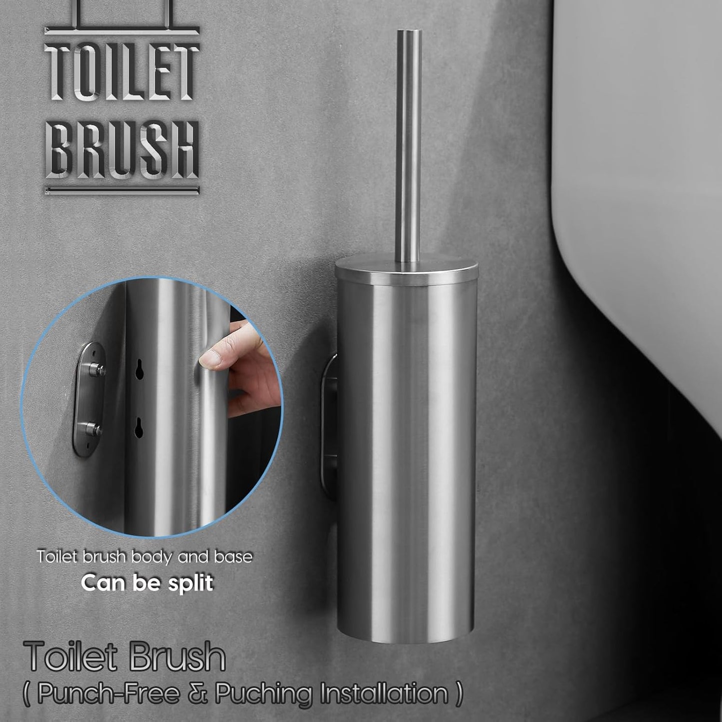 Brushed Stainless Steel Toilet Brush and Cover, No-Punch Hook Base Dual Purpose Toilet Brush Holder with Removable Inner Bucket and Splash Cover - Soft Bristles (Brushed)