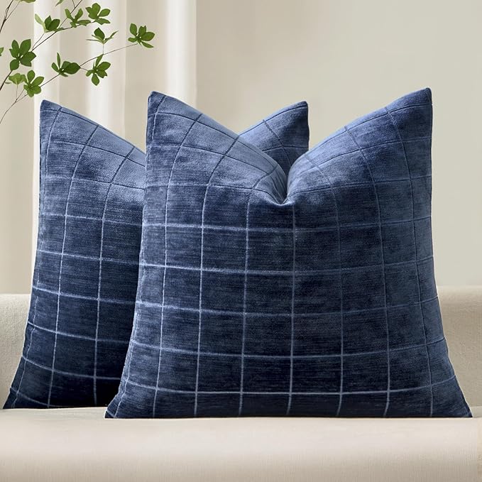 MIULEE Decorative Chenille Check Throw Pillow Covers Vintage Plaid Couch Pillows 20x20 Inch Set of 2 Neutral Boho Farmhouse Cushion Covers Modern Home Coastal Decor for Sofa Bed Living Room Navy Blue