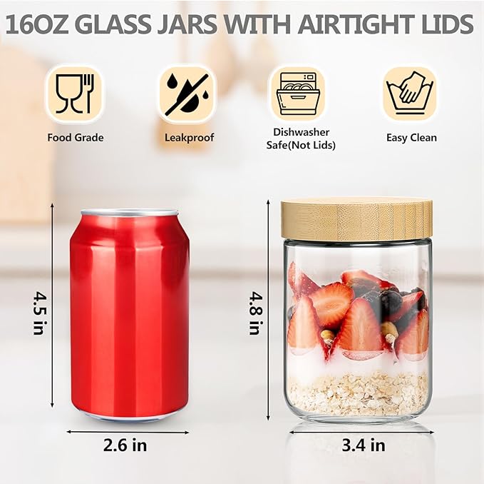 12 Pack 16oz Glass Jars with Bamboo Lids, Spoons, Airtight Overnight Oats Containers, Salad& Yogurt Storage, Mason Jars for Snacks, Spices, Meal Prep – Reusable