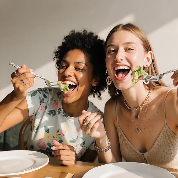 KINGSTONE 60 Piece Hammered Silverware Set, 18/10 Stainless Steel Flatware Set for 12, Cutlery Set for Home, Party, Wedding, Mirror Polished Dishwasher Safe