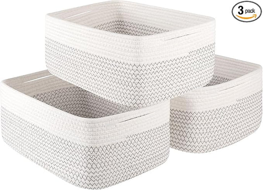 OIASKET Storage Baskets for Organizing 3 Pack, Woven Baskets for Shelves, Closet Organizer Bins Empty Gift Basket Toy Storage for Toys, Books, Towels, Clothes, 15"x11.42"x6.7", White & Black