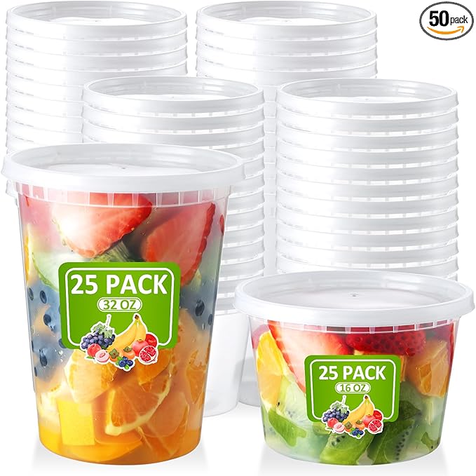 50 Set Deli Containers With Lids: [16oz 32oz] Combo Plastic Food Storage, Microwaveable & Freezer Safe To-Go, Leak-proof Meal-Prep