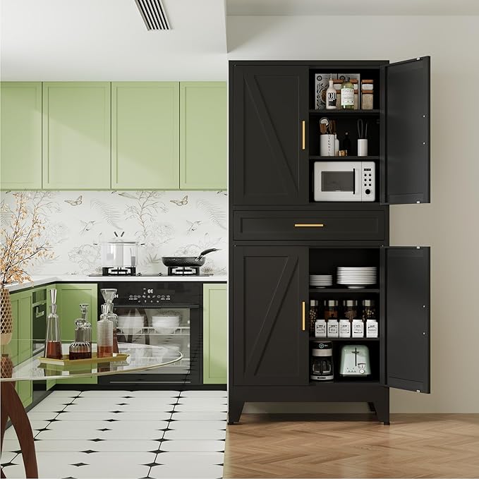 71" Pantry Cabinet in Black, with 4 Doors & Center Drawer, Max Organization Storage Cabinet with Adjustable Shelves, Freestanding Farmhouse Cupboard for Spacious Kitchen, Dining Room