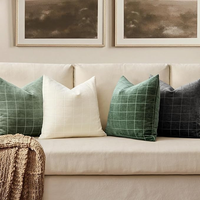 MIULEE Decorative Chenille Check Throw Pillow Covers Vintage Plaid Couch Pillows 18x18 Inch Set of 2 Neutral Boho Farmhouse Cushion Covers Modern Spring Home Decor for Sofa Bed Living Room Sage Green