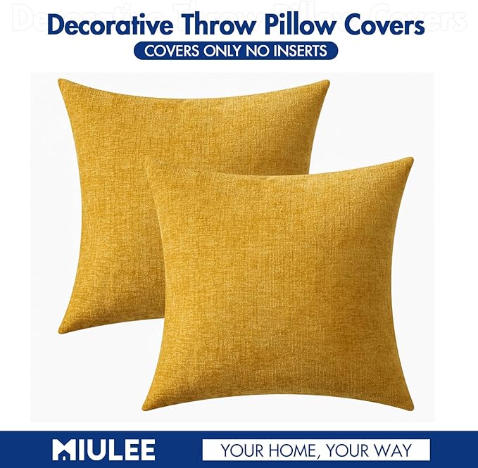 MIULEE Pack of 2 Mustard Yellow Throw Pillow Covers 18x18 Inch Soft Spring Chenille Pillow Covers for Sofa Living Room Couch Solid Dyed Cases