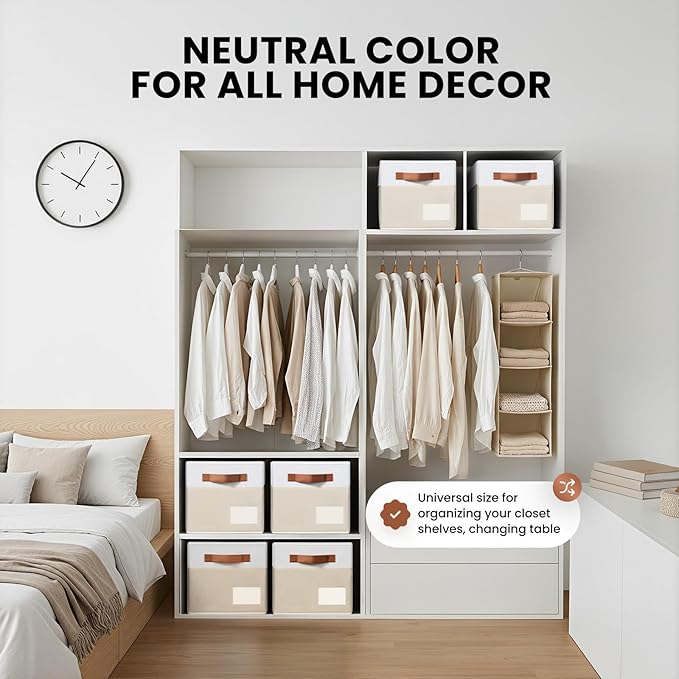 4 Pack Large Closet Storage Baskets for Shelves - 14x10 Heavy Duty Closet Shelf Organizer Bins with Handles & Labels - Decorative Collapsible Baskets for Organizing Living Room Bedroom Nursery Dorm