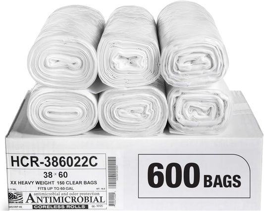 Aluf Plastics High Density Trash Bags, 60 Gallon, 600 Count, 22 Micron (eq), 38" x 60", Clear, for Bathroom, Office, Industrial, Commercial, Janitorial, Municipal, Recycling