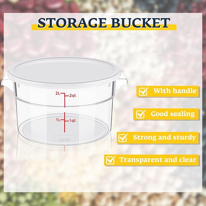 2 Pcs Dough Proofing Bucket with Lid, Round Food Storage Container 2 Qt Dough Bucket Clear Translucent Containers with Red Scale(White)