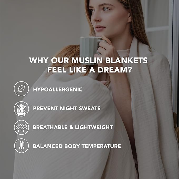 Goqan Muslin Blanket King Size 90x108 – 100% Turkish Cotton 4 Layer Boho Muslin Blanket for Adults, Four Season, Lightweight and Thin, Soft, Breathable for Bed, Couch - Beige