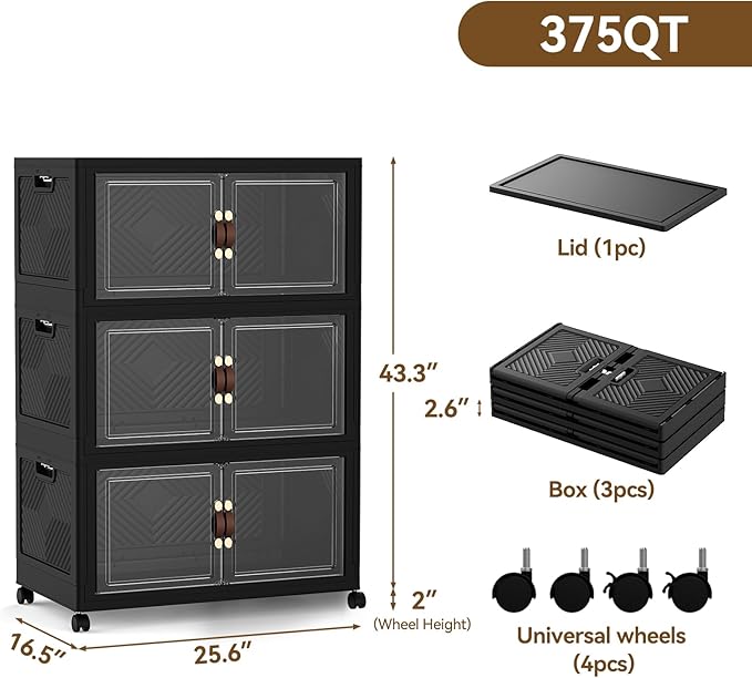 SAILUN 375QT Stackable Storage Bins with Lid, Collapsible Storage Bins With Doors and Wheels, Folding Plastic Cabinet Containers for Home Kitchen Closet Organization, 3 Pack