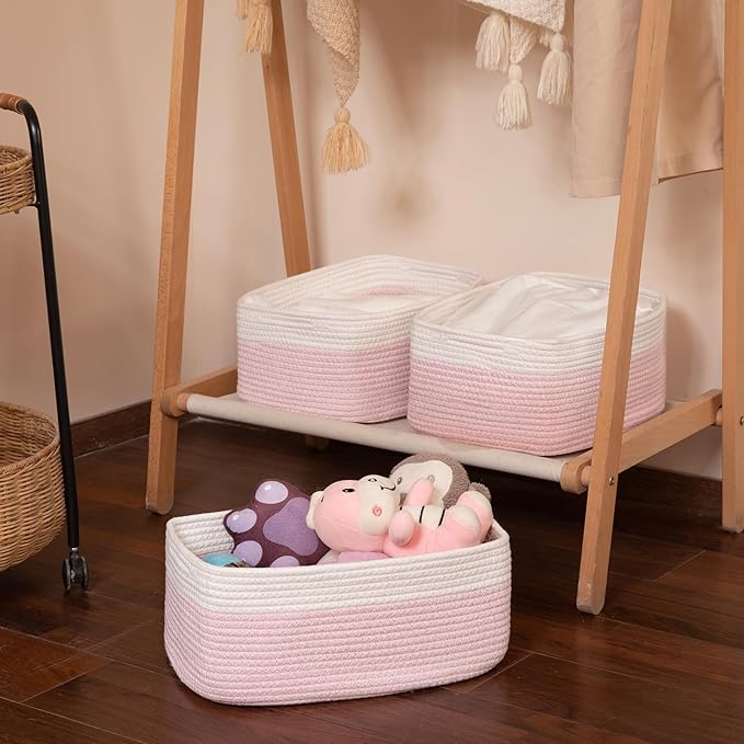 OIASKET Storage Baskets for Organizing 3 Pack, Woven Baskets for Shelves, Closet Organizer Bins Empty Gift Basket Toy Storage for Toys, Books, Towels, Clothes, 15"x11.42"x6.7", Pink