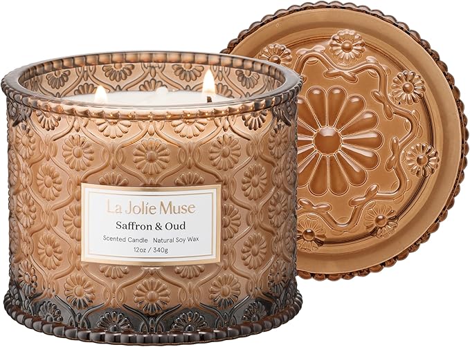 LA JOLIE MUSE Saffron & Oud Candle - Incense, Oud, Red Saffron | 12 oz Large 2-Wick Soy Wax Candle | 60 Hours Clean Burn | Gift-Ready for Hosts & Gatherings | Elegant Home Décor