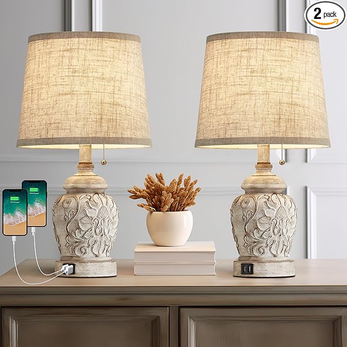 Fullarge 19.5" Vintage Rustic Table Lamp Set of 2 Farmhouse Table Lamps for Living Room Bedroom Decor with USB Ports Traditional Carved Floral White Bedside Night Light Lamps with Pull Chain Switch