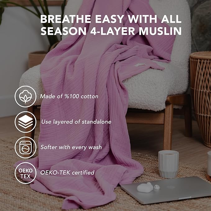 Goqan Muslin Blanket King Size 90x108 – 100% Turkish Cotton 4 Layer Boho Muslin Blanket for Adults, Four Season, Lightweight and Thin, Soft, Breathable for Bed, Couch - Pink