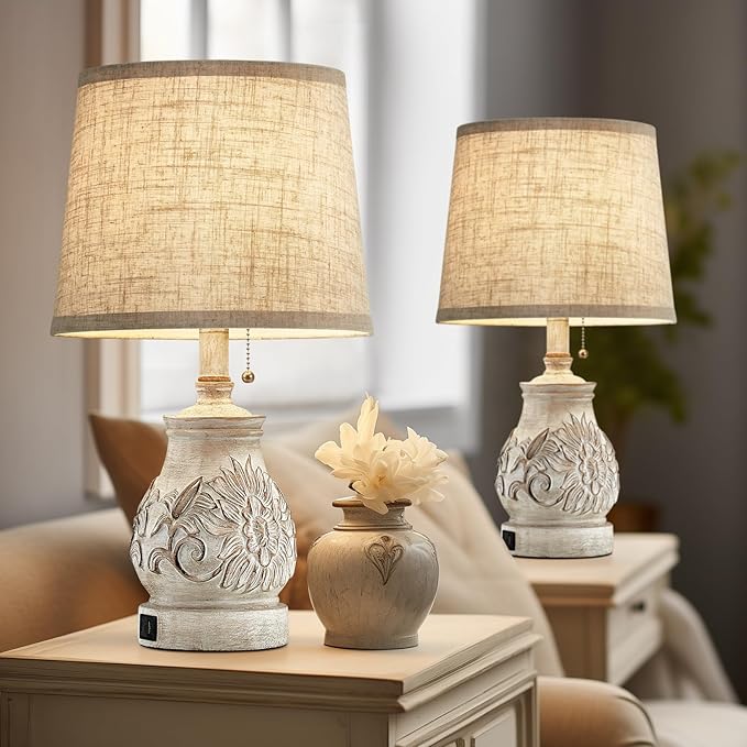 19.5'' Farmhouse Table Lamps for Bedrooms Set of 2 Vintage Bedside Lamps for Nightstand with USB Charging Ports Traditional Rusic Side Table Lamps for Living Room Wooden Carved Floral, Pull Chain