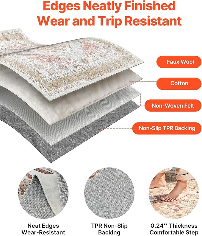 VEVOR 8 x 10 ft Area Rug Large Washable Rug Non-Slip and Tear-Resistant Soft Carpet Pet & Child Friendly Vintage Area Rugs Indoor Mat for Bedroom Living Room Kids Room Office Brown Red