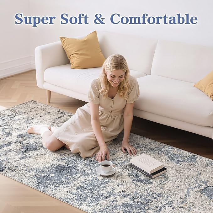 Hallway Washable Runner Rug: 3x14 Abstract Modern Soft Stain Resistant Non-Slip Backing Runner for for Entryway Kitchen Laundry - Blue Brown