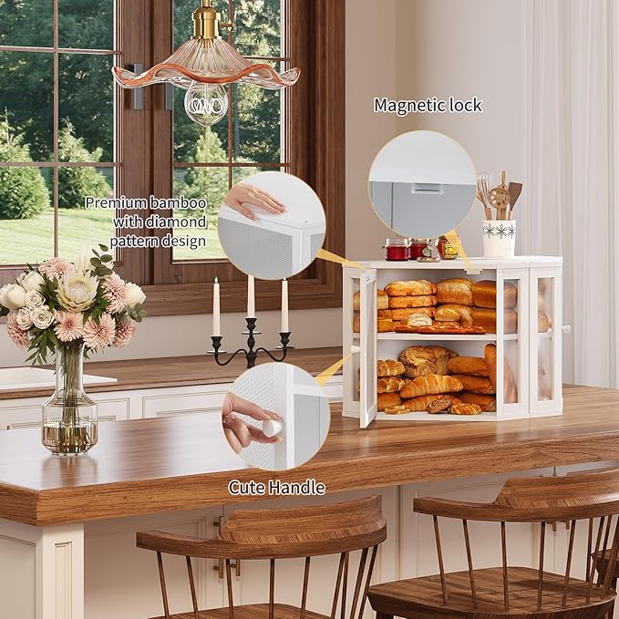 Corner Bread Box for Kitchen Countertop,Bread Storage for Homemade Bread, Double Layer Large Bamboo Kitchen Storage Bin with Window (White, Medium)