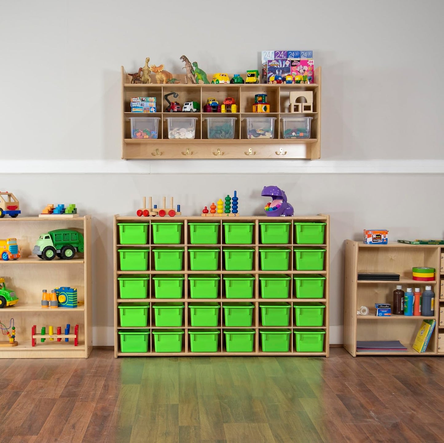 Wood Designs Cubby Storage Bin, Heavy Duty Plastic Containers for Kids Lime Green Cubby Tray Set of 30
