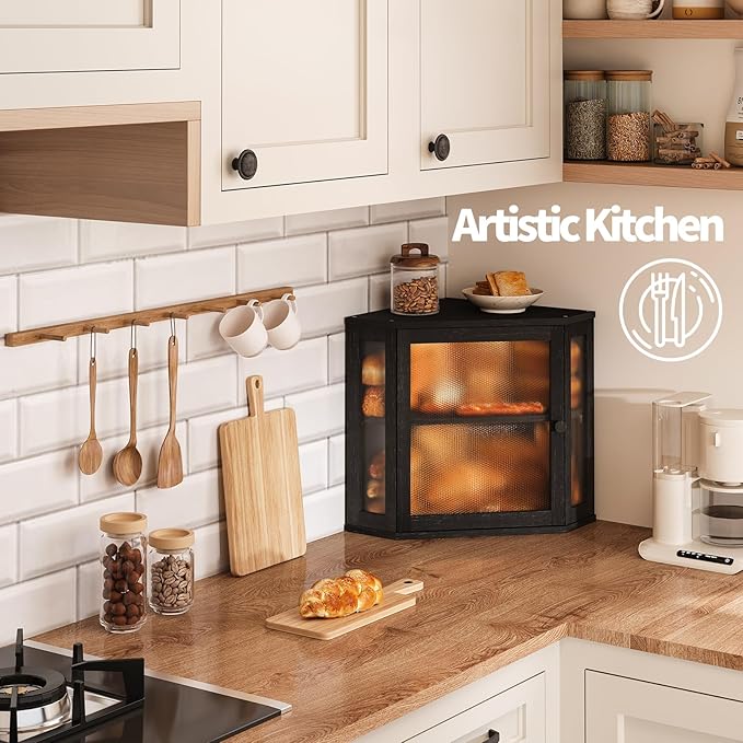 Corner Bread Box for Kitchen Countertop,Bread Storage for Homemade Bread, Double Layer Large Bamboo Kitchen Storage Bin with Window (Black, Medium)