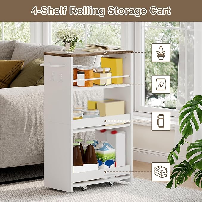 ChooChoo 4-Tier Slim Storage Cart with Handle, 7.87" W Rolling Utility Cart on Universal Wheels, Kitchen Cart Mobile Shelving Organization for Laundry Room, Bathroom & Narrow Places (Walnut & White)