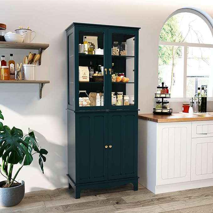 72" Tall Kitchen Pantry Cabinet with Glass Door and Adjustable Shelves, Vintage Food Storage Cabinet for Kitchen, Dining Room, Living Room, Teal