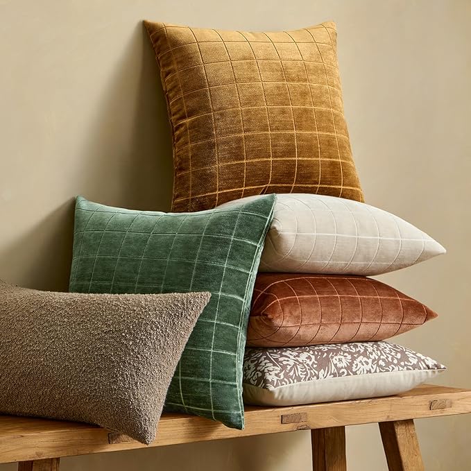 MIULEE Decorative Chenille Check Lumbar Throw Pillow Covers Vintage Plaid Couch Pillows 12x20 Inch Set of 2 Neutral Boho Cushion Covers Modern Spring Home Decor for Sofa Bed Living Room Moss Green