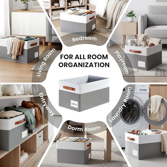 Criusia Large Closet Storage Baskets for organizing 4 Pack, Non-Dust-Absorbing Closet Shelf Organizer Bins with Handles & Labels - Decorative Collapsible Baskets for Living Room Bedroom Nursery Dorm